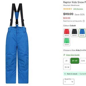 Mountain Warehouse Blue 3T Toddler Kids Snow Pants
